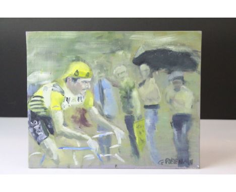 Greenow oil on board portrait of French Cyclist Bernard Hinault 20 x 25 cm. 