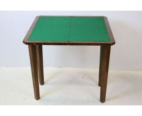 Walnut Quarter Veneered Fold-over Card Table with green baise playing surface, 75cms long x 77cms high 