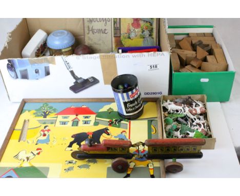 A quantity of vintage toys to include wooden building blocks, marbles, animal figures Tinkers wooden railway train etc. 