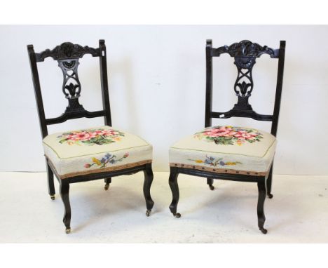 Pair of Victorian Ebonised Bedroom / Nursing Chairs with Tapestry Seats together with another Bedroom Chair 