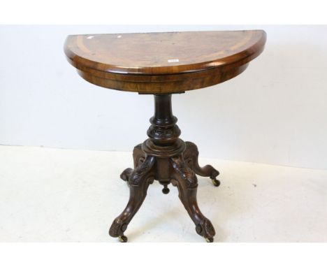 Victorian Walnut Demi-lune Fold-over Card Table, inlaid including some tunbridge ware style panels, green baise playing surfa