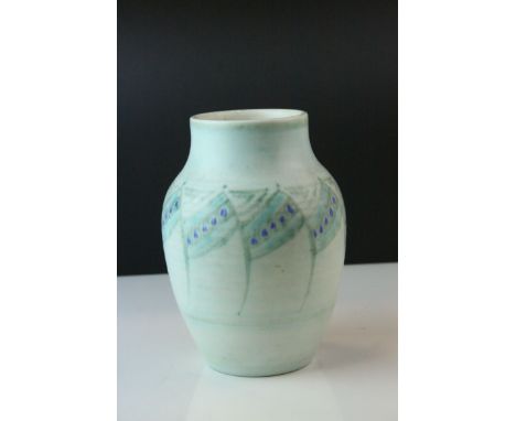 1930's Pilkingtons Royal Lancastrian Vase, pale green ground and decorated with a pattern in green and blue, marked to base b