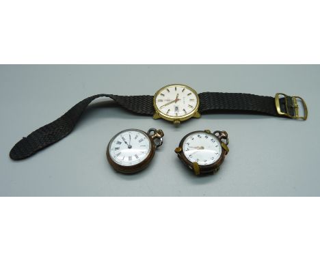 A gentleman's Accurist day date 21 jewels automatic wristwatch and two lady's vintage fob watches 