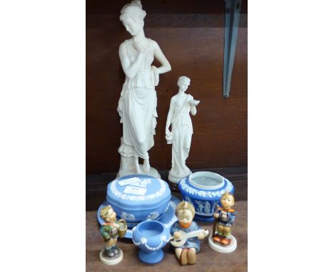 Three Goebel figures, Wedgwood Jasperware porcelain (5) and two resin figures of maidens 
