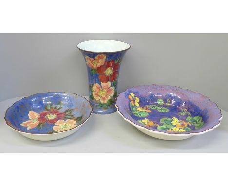 A Royal Doulton Wild Rose vase, matching bowl and one other larger Nasturtium bowl 