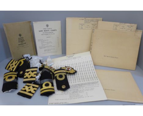 A collection of Naval Officers' epaulettes, hat badges, buttons and Naval charts, 1950s 