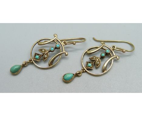 A pair of 9ct gold, turquoise and pearl drop earrings, 2.6g, 28mm 