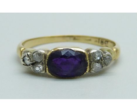 An 18ct gold, vintage amethyst and rose cut diamond ring, 2.3g, M 