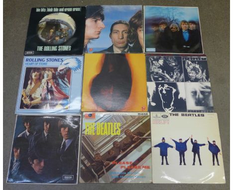 Seven Beatles LP records, includes German version of Beatles For Sale and Canadian version of Beatlemania and seven Rolling S