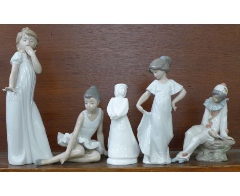 Four Nao figures, one a/f and a Royal Doulton figure, The Kiss Girl 