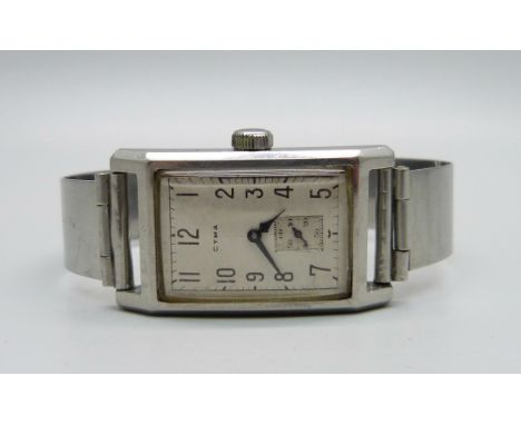 A gentleman's Cyma steel cased tank shape wristwatch on a bangle strap, 21mm case 