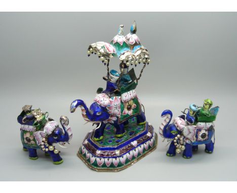A set of three silver and enamelled stone set Meenakari elephants, some enamel a/f 