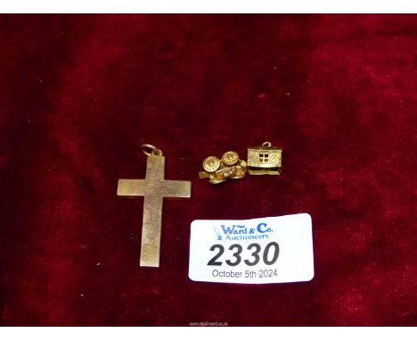 A 9ct gold crucifix, 2.9 gms and a 9ct gold Gypsy caravan charm, a/f., 3.8 gms