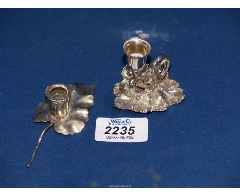 A Victorian miniature Silver chamberstick with leaf detail to base, Sheffield 1841, maker Henry Wilkinson & Co., 28 gms toget