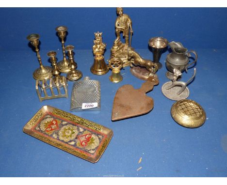 A small quantity of mixed metals and brass ware to include brass figure of a Miner, small Art Nouveau pewter jug, candlestick