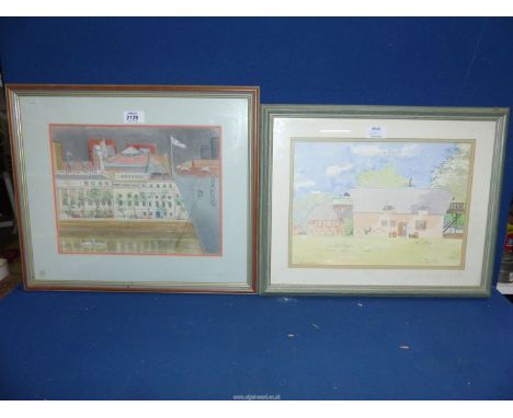 A framed and mounted Watercolour of a Continental house and garden with two dogs playing on the lawn, signed lower left 'Pene