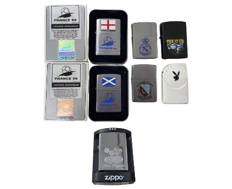 A collection of mostly Zippo lighters, to include:- Las Vegas (in original case, with original seal) - World Cup 1998, Scotla