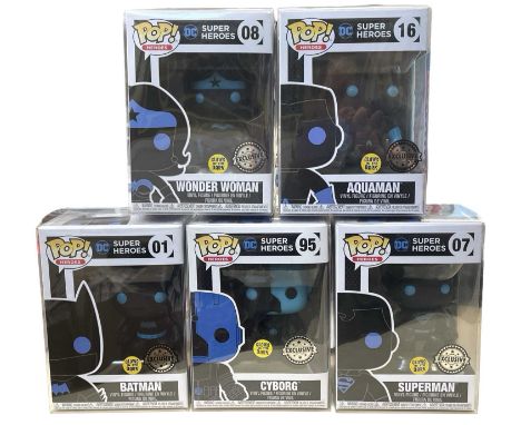 A collection of Funko Pop! vinyl figures, DC Super Heroes, Exclusive Glow-in-the-Dark issues, to include:  - 08: Wonder Woman