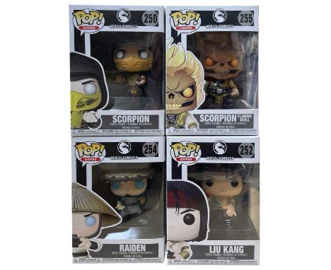 A collection of Funko Pop! vinyl figures, Mortal Kombat X, to include: - 250: Scorpion - 255: Scorpion Flaming Skull - 254: R