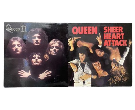 A pair of Queen 12" vinyl LPs, to include: - Sheer Heart Attack, Trident, EMC 3061, 1974 - Queen II, Trident, EMA 767, 1974