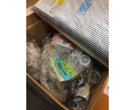 BOX OF PLUMPING EQUIPMENT AND 2 LIGHT SHADES