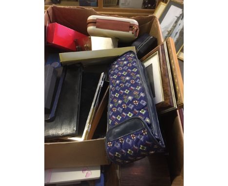 BOX OF MISC ITEMS INC. CANTEEN OF CUTLERY, TEA CADDY, COSTUME JEWELLERY, BRASSWARE AND FRAMES ETC