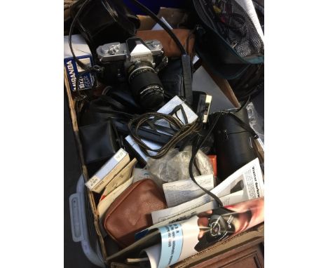 BOX OF CAMERAS, VIDEO CAMERA AND TRIPOD