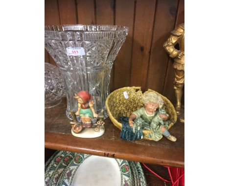 GLASS VASE, HUMMEL FIGURE AND POTTERY BASKET