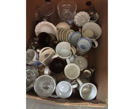 BOX OF POTTERY AND GLASSWARE, CUPS, SUNDAE DISHES