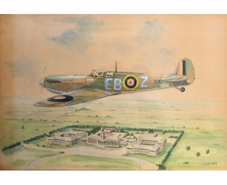J K Fletcher privately commissioned watercolour of the iconic Supermarine Spitfire flying over RAF Cranwell, framed and glaze