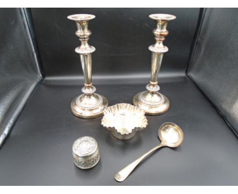 Silver plated items - A pair of weighted candlesticks, a Mappin &amp; Webb scallop edge bowl, Mappin &amp; Webb sauce ladle a