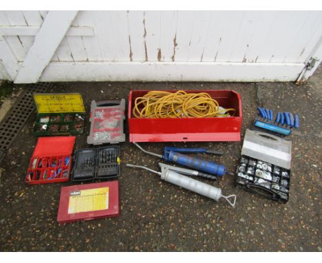 Metal toolbox, grease guns, site extension leads and drill bits etc&nbsp;