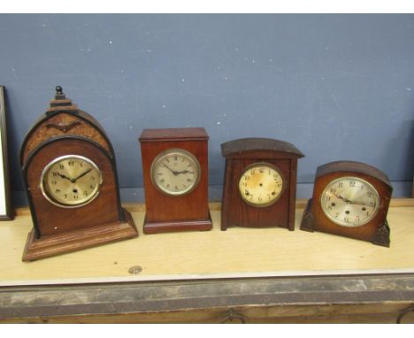 4 Wooden mantel clock cases with dials (no movements)&nbsp;