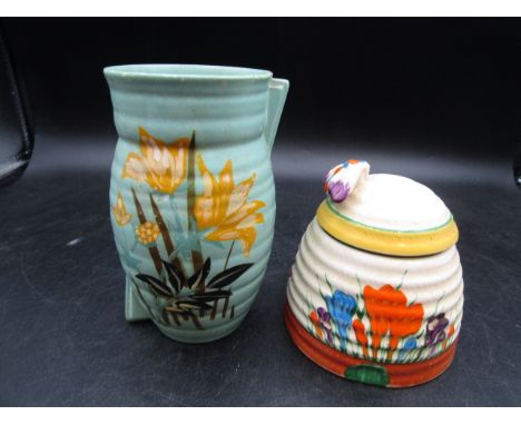 Clarice Cliff 'Crocus' honey pot and a Brentleigh Ware art deco vase