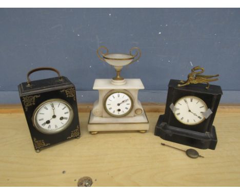 German movement striking mantel clock with ebonised case, French alabaster timepiece and another mantel clock (some restorati