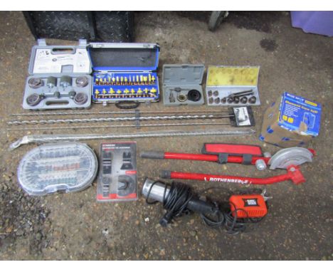 Pipe bender, large drill bits, multi tool accessories and route bit set etc&nbsp;