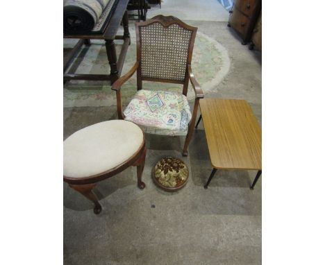 Furniture lot inc 2 tapestry stools, retro table and berger cane chair