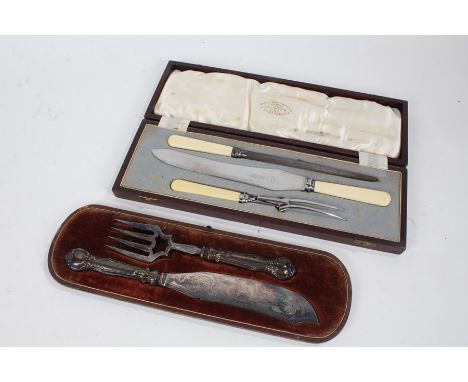 Francis Newton &amp; Sons three piece carving set, housed within a mahogany box with painted motif, and a Victorian silver ha