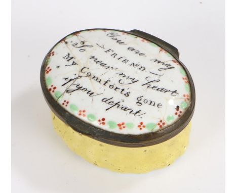 19th Century Bilston enamel patch box, of Maritime interest, the hinged lid with text and enclosing a mirror (AF), yellow ena