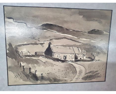 KYFFIN WILLIAMS (1918-2006) ink and mono watercolour wash drawing of a isolated farmstead, signing in pencil in initials, fra