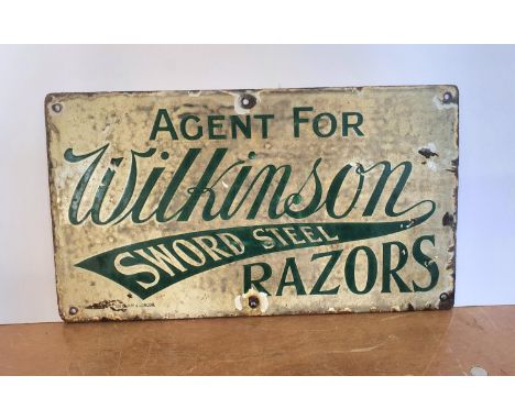 Early 20thC double sided "Agent for Wilkinson Sword steel Razors" enamel sign,25 x 41cm 