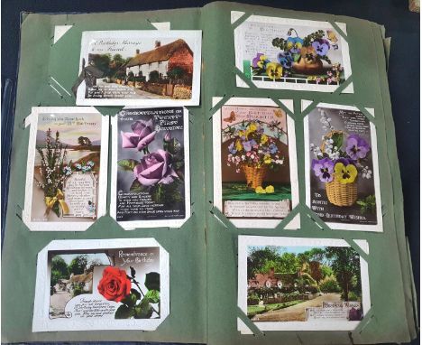 Large, good quality postcard album full of early, mid and 1960s flower, portrait, landscape, sweetheart and saucy British pos
