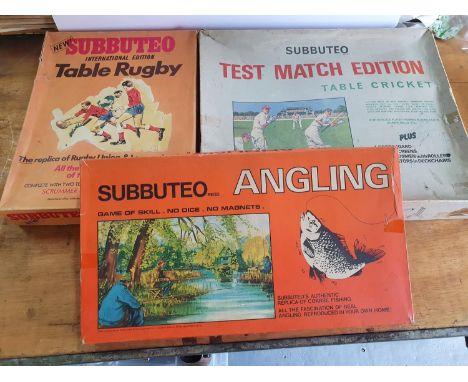 Subbuteo cricket, Rugby and Angling, all boxed (3) 