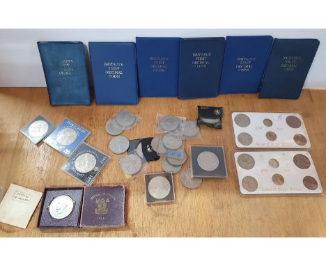 20thC British coin sets and commemorative coins to include a boxed 1951 festival of Britain, 6 first decimal coin sets etc (Q