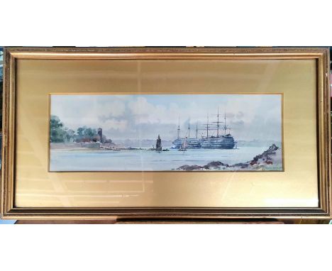 Frank Watson WOOD (1862-1953) 1910 watercolour "Hulks used as training ships" in original gilt frame and mount, signed, The w