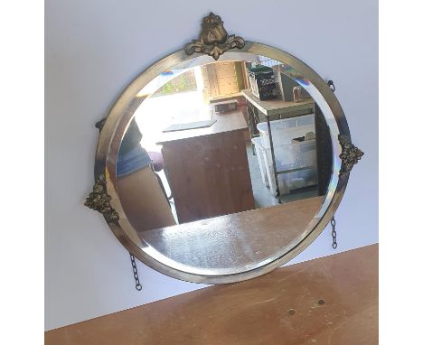 Circular bevel edged Edwardian hanging mirror with Art Deco style metal frame 