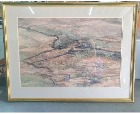 Keith BOWEN (Born 1950) large pastel, moorland landscape with solitary sheep, signed lower right, Alderley Gallery sticker ve