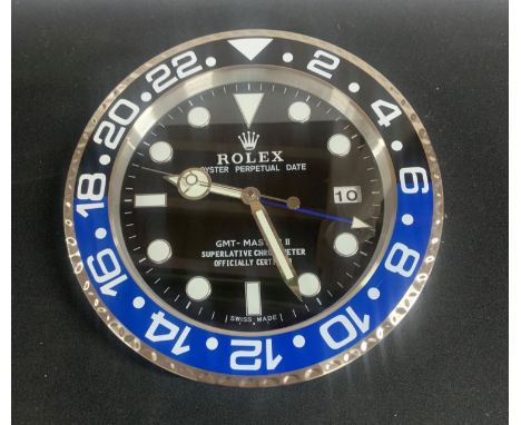 Brushed steel, blue and black, battery operated dealer wall clock 