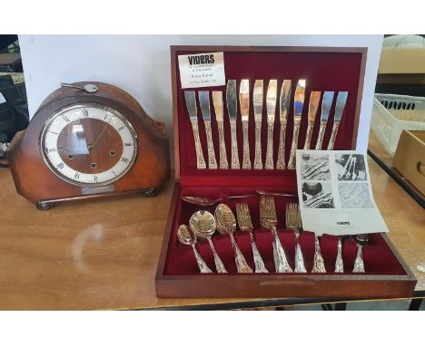 Viners of Sheffield, stainless steel cuttlery canteen in Oak case (complete) together with a mid 20thC mantle clock complete 