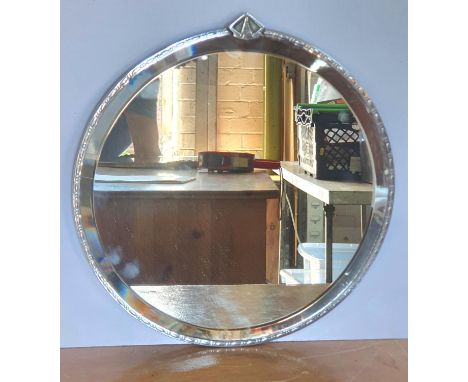 Small circular bevel edged Edwardian hanging mirror with Art Deco style metal frame 